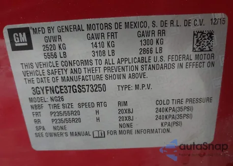 2016 Cadillac Srx Performance Collection z USA, uszkodzony, nr VIN 3GYFNCE37GS573250